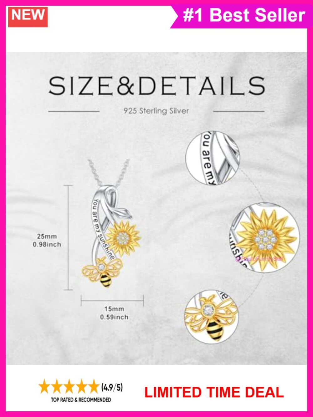 Pre-Owned 925 Sterling Silver Lab Grown Diamond Bee Sunflower Pendant Necklace - Picture 5 of 5